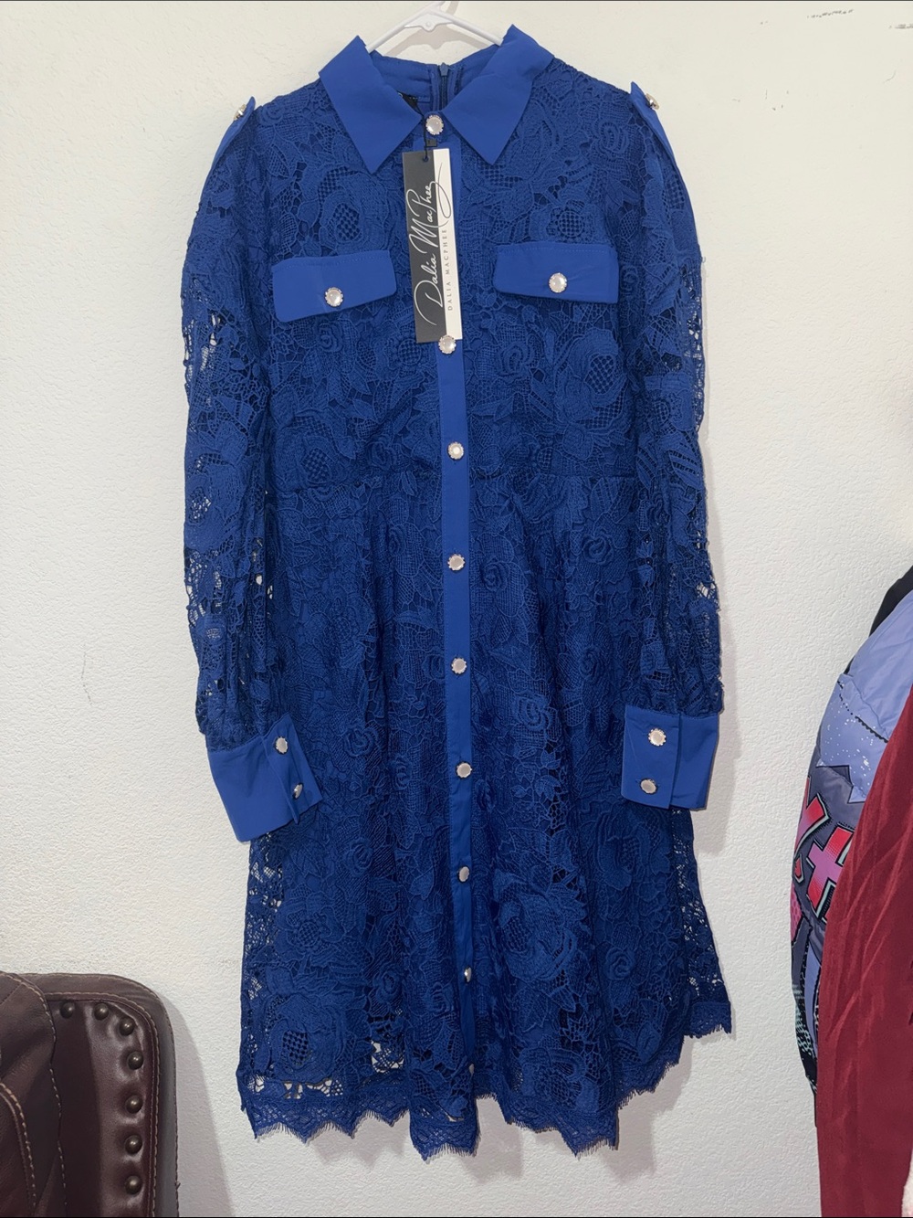 Women's Royal Blue Lace Button-Front Blazer Dress - Designer